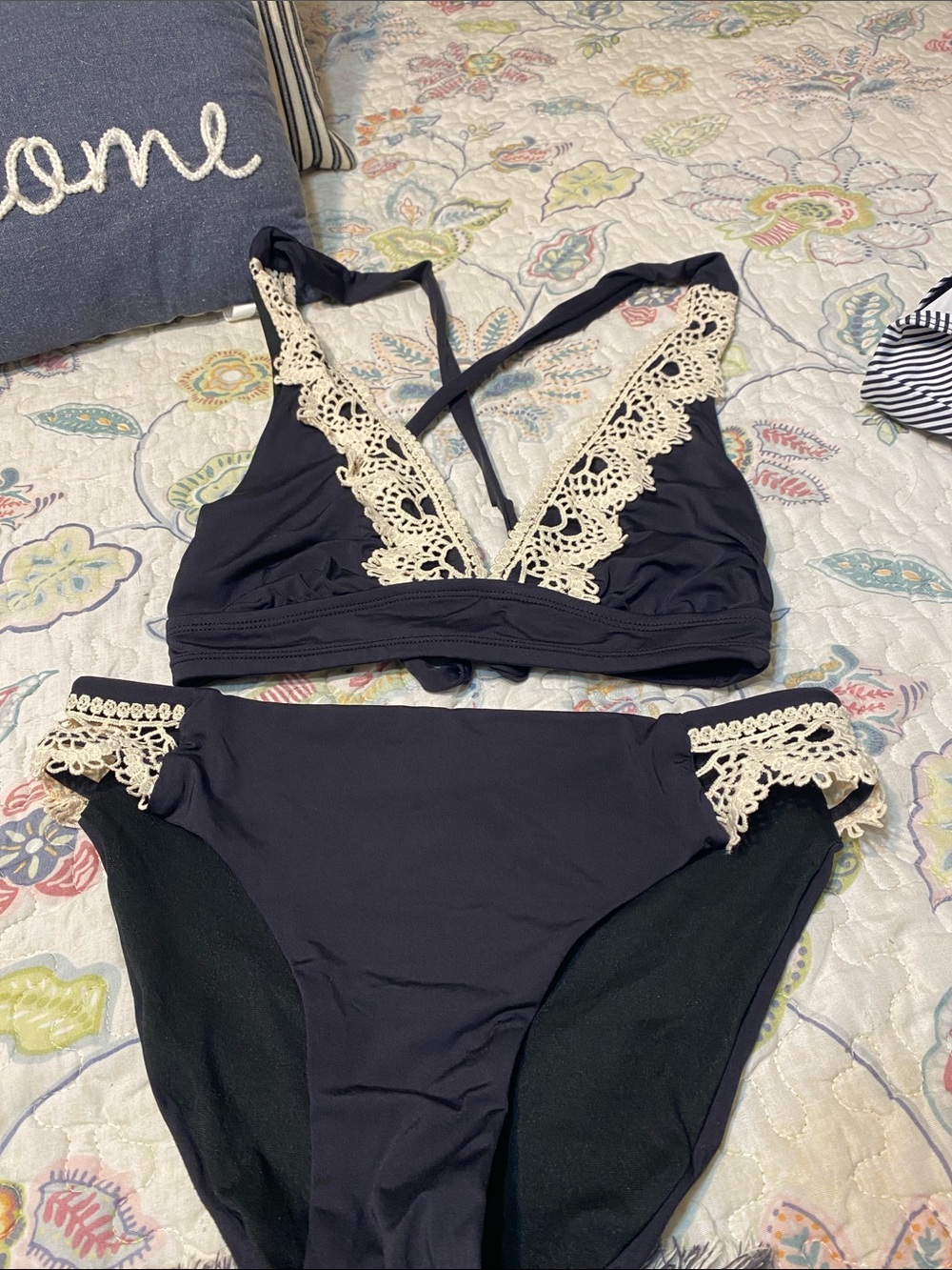Black Crochet Trim Two-Piece Swim Set - Women's Swim